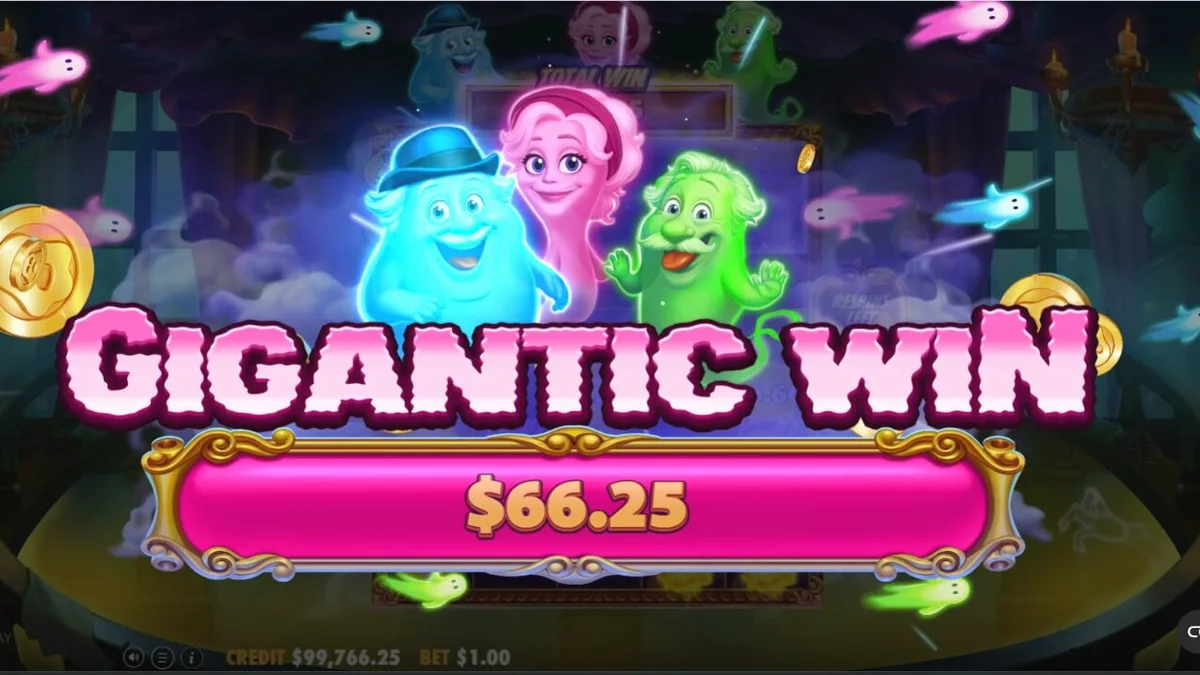 Interface do jogo de slot Great Ghosts com personagens cartunescos e elementos de mansão assombrada.