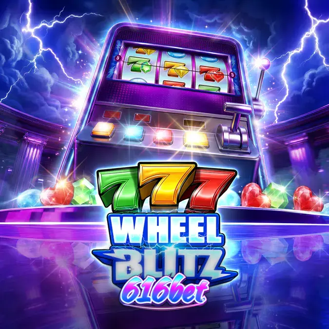 Interface do jogo 777 Wheel Blitz com símbolos de pedras preciosas e design de gabinete neon.